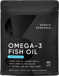 Sportonderzoek Triple Strength Omega 3 Visolie - Burpless Fish Oil Supplement w/EPA & DHA Vetzuren van Wild Alaska Pollock - Hart, hersenen & Immuun Ondersteuning voor mannen & vrouwen - 1250 mg, 240 st.
