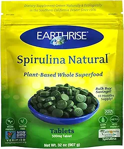 Earthrise Spirulina, Pure Californische Spirulina 500 mg, Veganistisch, Glutenvrij, Keto Vriendelijk, Non-GMO Superfood hoog in vitamines en mineralen, 2LB tabletten (300 Serving)