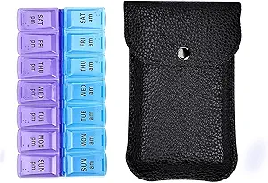 VOFOON Travel Pill Organizer 2 keer per dag, PU Leather Portable Pill Case voor vrouwen/mannen, 7 dagen PM Pill Box met Travel Pouch Medicine Organisator voor Vitaminen Geneeskunde Visolie Supplementen (Klein)