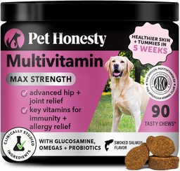 Hond Multivitamine Max Strength - 15 in 1 Vitaminen voor gezondheid en hart - Essentials Visolie, Glucosamine, Probiotica, Omega Visolie - Multivitaminen Supplementen voor huid en jas