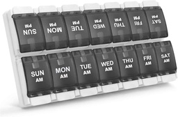 Sukuos AM Wekelijkse 7 dagen pil Organisator, 2 keer Een dag pil Box met Artritis Vriendelijk Push Knop, Geneeskunde Cases voor Vitamine/Visolie/Suplements, Gemakkelijk te reinigen (Zwart)