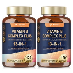 13-in-1 Vitamine B Complex Plus met vitamine B1, B2, B3 (Niacine), B4, B5, B6, B7 (Biotine), B8 (Inositol), B9 (Folaat), B12, C, D3, K2 voor energie, Zenuw, Immune, Huid - 120 Caps per fles - 2 flessen
