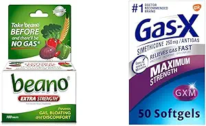 Beano Ultra 800, gaspreventie en digestieve Enzyme Supplement, 100 Tellen & Gas-X Maximale sterkte gasrelief Softgels met Simethicone 250 mg voor opgeblazen Relief - 50 Tellen