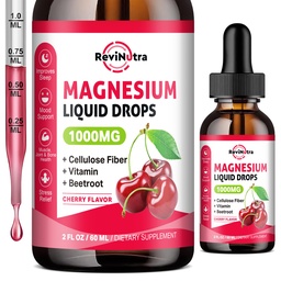 Magnesium Glycinate Liquid Drops, 1000mg Magnesium Glycinate, Citrate & Taurate with Fiber, Beetwortel, Vitamine B & C for Sleep, Calm, Muscle, Energy & Relaxation, 2 Fl Oz, Suikervrije Cherry Flavor