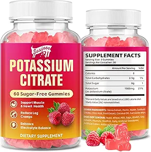Kalium citraat Gummies 1000mg, Kalium Supplement voor Volwassenen Vrouwen en Mannen, Ondersteuning Been Krampen en Spiergezondheid, 60 Tellen