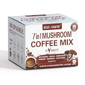 Mushroom Coffee Mix 7 in 1, TCM Ontworpen voor energie met Reishi, Cordyceps, Chaga, Rhodiola, Ginseng, en Eleuthero Mushroom ondoordringbaar 12 Sachets