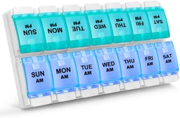 Sukuos AM Wekelijkse 7 dagen pil Organisator, 2 keer Een dag pil Box met Artritis Vriendelijk Push Knop, Geneeskunde Cases voor Vitamine/Visolie/Suplements, Gemakkelijk te reinigen (Cyan&Blue)