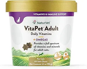 NaturVet VitaPet Adult Daily Vitamines Plus Omega's voor katten, 60 ct Zachte Kauwen, Made in The USA with Globally Source Ingredients