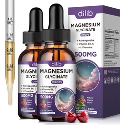 (2 Pack) Magnesium Glycinate Liquid Drops 500mg, met vitamine B6, Ashwagandha, L - Theanine, kamille, Magnesium Glycinate Supplement Hoge absorptie voor Slaap, Stress, Energie Mood - Cherry Flavor