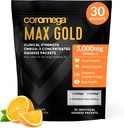Coromega MAX Gold 3000mg Omega-3 Fish Oil + Vitamin D Squeeze Packets, Wild-Caught, No Fishy Taste - 3X Better Absorption Than Softgels, Supports Brain & Heart Health (30 Servings, Orange Flavor)