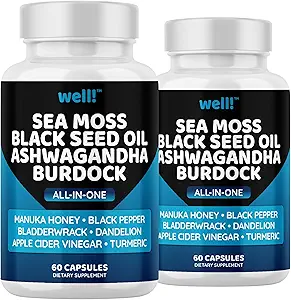 Sea Moss 3000, Black Seed Oil 2000, Ashwagandha 1000, Bladderwrack, Maca, Kurkuma - Manuka Honey, Dandelion & Black Pepper, Super Antioxidants Supplement -120