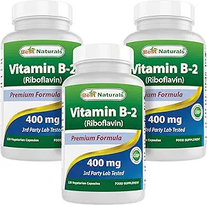 Best Naturals Vitamin B2 (Riboflavine) 400mg - Migraine Relief - Veggie Capsules - Conezyme Precursor - 120 Telling (Pack of 3)