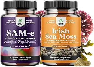 Bundle of Pure SAM-E Nootropic Brain Supplement and Organic Irish Sea Moss Capsules - Immune Support and Mood Support Supplement - Sea Moss and Bladderwrack Capsules with Burdock Root Superfood Blend
