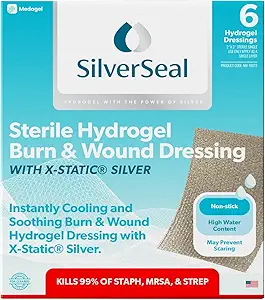 SilverSeal Burn and Wound Dressing, Hydrogel Pads with X-Static Silver, Soothing, Moist & Protective for Burns, Cuts & Wounds, 2" x 3" Steriele Dressings, 6 Tellen