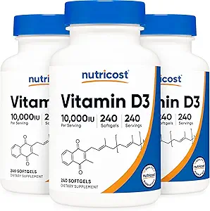 Nutricost Vitamine D3 10.000 IE, 240 Zachte Gel Caps (3 flessen)
