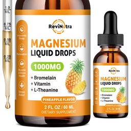 Magnesium Glycinate Liquid Drops, 1000mg Liquid Magnesium Complex Supplement voor Slaap, Zenuw, Energie, Spier, Bot, Kalm & spijsvertering, Hoge Absorptie, 2 Fl Oz, Suikervrije Ananas Smaak