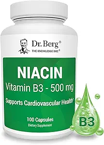 Dr. Berg Niacin 500mg met flushing voor hartgezondheid en energie ondersteuning* - 100-dagen levering vitamine B3 Niacin van Dr. Berg Aanbevolen Nicotinezuur - 100 capsules