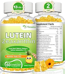 Luteïne 20 mg met Zeaxanthine Gummies, Luteïne en Zeaxanthine Supplementen met Oogvitaminen C, E, Blauwe bosbessen voor Eye Health - 120Cts