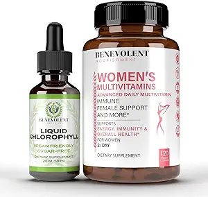 Benevolent Chlorofyl Liquid Drops & Women's Multivitamine - 100% Natuurlijke + 4X Potentie Concentratie voor gezonde huid en interne deodorant - Dagelijkse vitamines voor vrouwen met biotine, Calcium, Magnesium