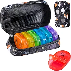 Serfeymi Weekly Travel Pill Organizer 2 keer Een dag AM PM Geupgraded Regenboog Pill Box 7 dag met draagbare Zipper Canvas Pill Case, Medicine Organizer voor pillen, Vitaminen, Visolie - Black 02