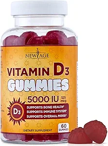 NIEUWE AGE Vitamine D3 5000 IE 125 mcg Gummies - Ondersteuning Immune Support, Strong Bone Health - Non-GMO, Glutenvrij, Dairy-Free, No Gelatine (60 Gummies (pack van 1))