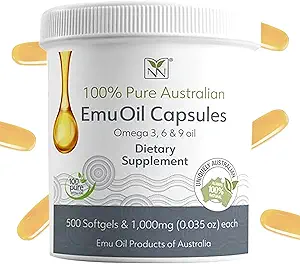 Emu-oliecapsules - Hart-, haar-, voedings- en gewrichtsondersteuningssupplement - Farmaceutische Emu-olie van klasse met CLA, Omega's 3, 6 & 9 met vitamine K2, A & E door Y-Not Natural - 1000mg, 500 capsules
