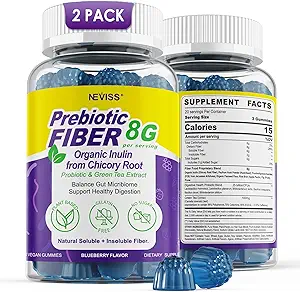 Fiber Gummies for Adults 8g (Inulin, Psyllium Husk, FOS More) with Probiotics, Green Tea Extract, Sugar Free Plant Based Fiber Supplement Blend for Digestive Health, Regularity, Non-GMO, Vegan, 120Cts