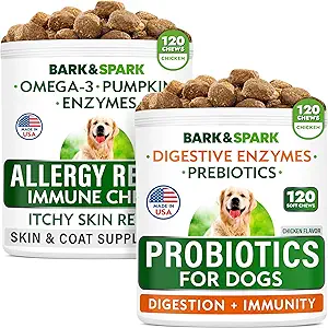 Allergy Relief Dog Treats + Dog Probiotics Chews Bundle - Omega 3 + Pumpkin + Enzymes for Itchy Skin Relief + Digestive Enzymes + Prebiotics for Gas, Diarrhea, Constipation, Upset Stomach Relief