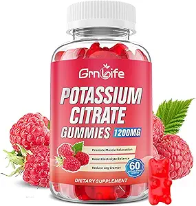 Kalium citraat Gummies, Hoge Kalium Supplement Gummies 1200mg Ondersteuning Been krampen en spier gezondheid, Kalium Gummies voor volwassenen en kinderen, Veganist, Raspberry Flavor 60 Tellen