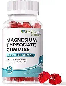 ZA'ZA K ORGANISCS Magnesium Threonate Gummies, 500mg Magnesium Threonate with Glycinate, L-Theanine, Lemon Balm, Magnesium Supplement for Kids Adults, Brain Health, 60 Tel.