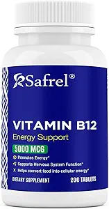 Safrel Vitamine B12 5000 mcg per Tablet, 200 Days Supply, Supplement voor Energie, Metabolisme en zenuwstelsel gezondheid Ondersteuning, Veganistisch, Glutenvrij en Dye Free Made in USA