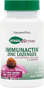NaturesPlus Herbal Actives ImmunActin Zinklozenges - 10 mg Zink, 60 Vegan Lozenges - Wild Cherry Flavor - Immune Booster met Echinacea & Vlierbessen - Vegetarisch, Glutenvrij - 60 porties