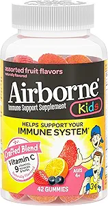Airborne Vitamine C 500mg (per portie) Kinderen Assorted Fruit Gearomatiseerde Gummies (42 Tel in een fles), Glutenvrije Immuun Ondersteuning Supplement met Vitaminen A C E, Selenium, Echinacea & Gember