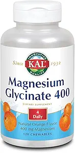 KAL® Magnesium Glycinate 400 mg | Chelated Magnesium Supplement | High Absorption, Gentle Digestion | Sugar Free Natural Orange Flavor | 120 Chewables