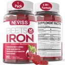 Beetwortelgummy's met ijzer, methyl-B12, folaat, vitamine C - Verhoog stikstofoxide en ijzerniveaus, energiesteun, bestrijding van vermoeidheid, rode bieten en zacht ijzersupplement, suikervrij, 60 tellen