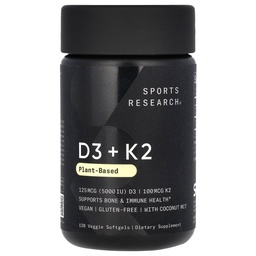 Sportonderzoek Vitamine D3 met K2 Softgels - Plant-based K2 & Vegan D3 5000iu met kokos MCT olie - Vegan Certified, Soy & Gluten Free - 120 Tel.