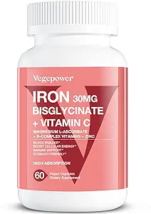 Iron Bisglycinate, 30mg Vegan Iron Supplement for Women & Men, chelated with Vitamin C, B12, Folic Acid - Iron Pils for Anemia, High Absorptie, Gluten-Free, Non-GMO - 60 Capsules