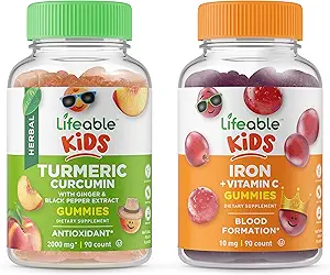 Levensbaar Kurkuma Curcumin Kids + Iron & Vitamin C Kids, Gummies Bundle - Grote Proeverij, Vitamine Supplement, Glutenvrij, GGO-vrij, Kauwgom