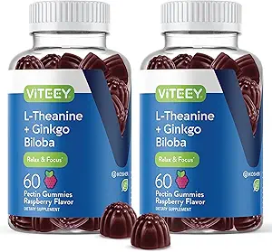 Viteey L-Theanine Gummies met Ginkgo Biloba voor volwassenen - Aids in Focus & Relax, Verbeter Mood - Niet GGO, Gelatine Gratis, Veganistisch, Glutenvrij, Natuurlijk Bronzen Kauwbare Smaak Raspberry Flavored Gummy