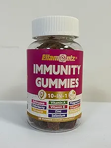 10-In-1 Immuun Gummies met Multivitaminen, 100% Dagelijks Zink, Vitamine C & D3 Immuun Supplement + Echinacea, Sambucus Vlierbes, Kurkuma, Magnesium, Immuun Ondersteuning, Algemene Gezondheid, Suikervrij, 1 Pack