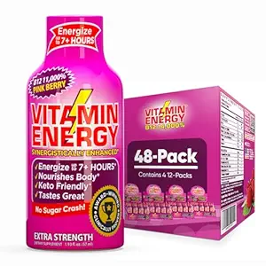 Vitamine Energie B12 11.000% Extra sterkte Energie Shot Pink Berry 48 Pack, 260mg Natural Cafeïne, B12 & B6, Nootrope Focus, Vitality, Zero Sugar, Gluten-Free, Vegan, Kosher, 1,93 fl oz
