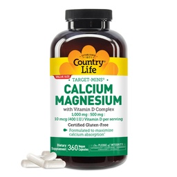 Country Life Target-Mins Calcium Magnesium met vitamine D-complex, 1000mg/500mg/10mcg, 360 Vegan Capsules, Certified Gluten Free, Certified Vegan, Verified Non-GMO Geverifieerd...