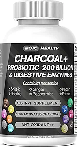 Geactiveerde Charcoal Capsules Extra sterkte met Shilajit, 200 miljard CFU Probiotica, Digestieve Enzymen, Pepermunt, Fenne, Licorice & Ginger 120 Capsules (verpakking van 1)