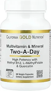 California Gold Nutrition Multivitamine en Mineral met Methyl B12, Vitamine C, L-methylfolaat en Bio-Quercetin, Two-A-Day, 60 Veggie Capsules