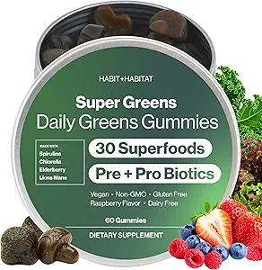 Daily Greens Plus Gummies - Superfood Blend with Chlorella, Spirulina, Beetwortel, Leeuwen Mane, Ashwagandha & Reishi for Energy, Stress Relief & Wellness - Raspberry Flavored - 60 Tel.