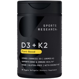Sportonderzoek Vegan Vitamin D3 + K2 Supplement met biologische kokosolie - 5000iu Vitamine D met 100mcg Mk7 Vitamine K - Ondersteunt Calcium voor sterkere botten & Immune Health - 30 Softgels voor volwassenen