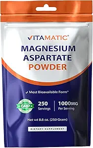 Vitamatic Magnesium aspartaat 1000mg per portie Ondersteunt spier-, gewrichts- en hartgezondheid 250 Gram - 250 porties