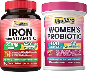 Magnesium Complex Supplement 6 in 1+ Vrouwenprobiotica 100 miljard CFU + ijzersupplement, 65mg Carbonyl ijzer met 250mg vitamine C