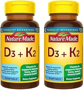 Nature Made Vitamin D3 K2 Supplement, 5000 IE (125 mcg) Vitamine D voor bot, tanden, spier- en immuunondersteuning, 30 D3 en K2 Softgels, 30 Day Supply
