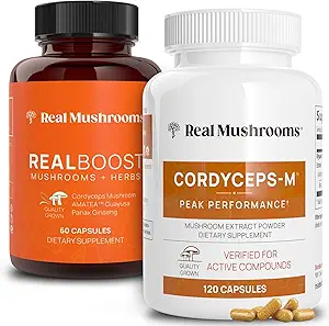 Real Paddestoelen RealBoost (60ct) en Cordyceps (120ct) Capsules Bundle - Mushroom Supplement for Energy, Vitality & Endurance - Energy Vitamins w/Ginseng, Guayusa - Vegan, Non-GMO
